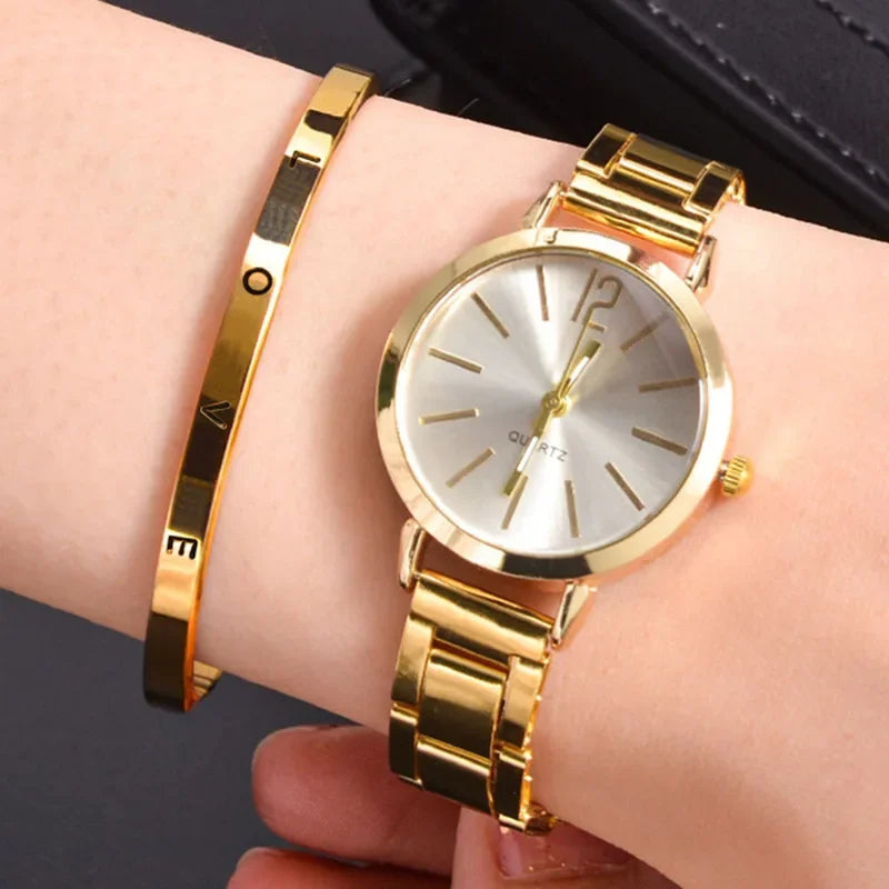 2 pçs conjunto relógio de luxo feminino simples dial oco cinta moda pulseira ouro quartzo relógio pulso estudante senhoras relógios