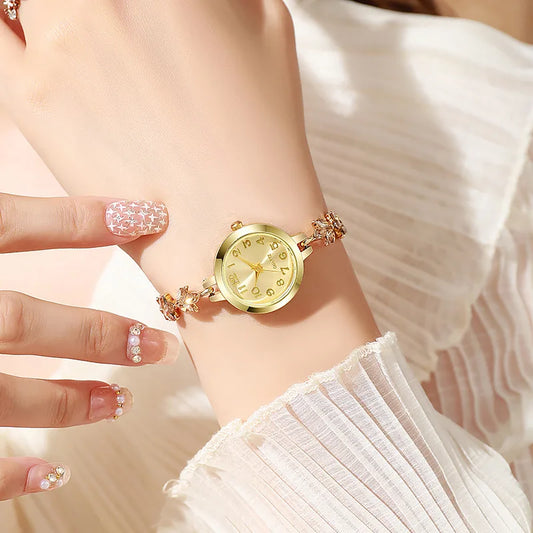 1 peça de relógio feminino submetal dourado retrô francês, pulseira à prova d'água elegante, simples, luxuosa e elegante, relógio de quartzo