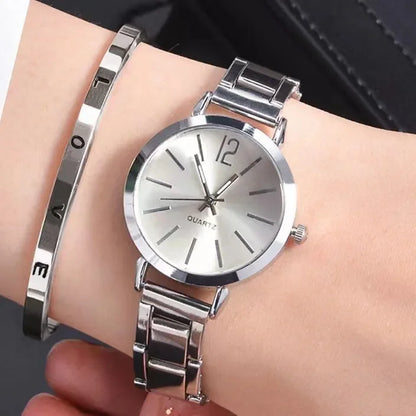 2 pçs conjunto relógio de luxo feminino simples dial oco cinta moda pulseira ouro quartzo relógio pulso estudante senhoras relógios