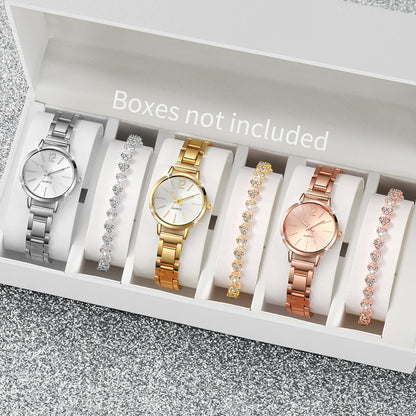 6 Pçs/set Relógio Feminino Moda Banda de Aço Relógios de Quartzo Conjunto de Pulseiras de Diamante (Sem Caixa)