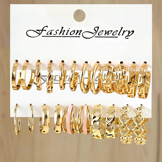 Conjunto de brincos de argola redondos geométricos femininos acessórios versáteis e versáteis de estilo metálico